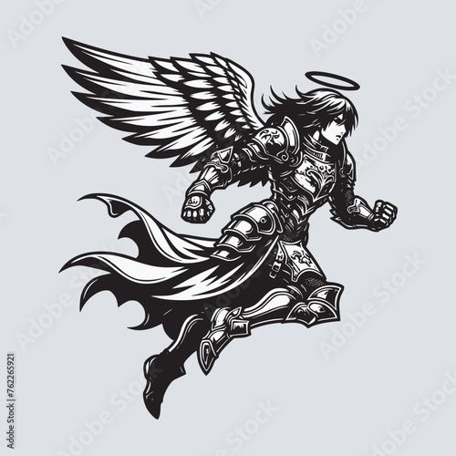 knight warrior paladin full armor with wings flying black and white vector illustration