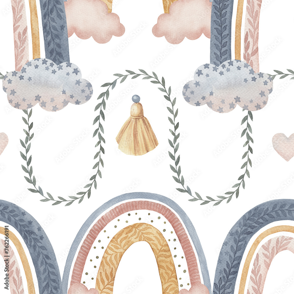 Boho rainbow with clouds and curving twig seamless pattern on the white ...