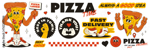 A pizza delivery theme set in the trending retro groovy style. Pizza character, stickers with words of thanks to the customer and fast delivery.	