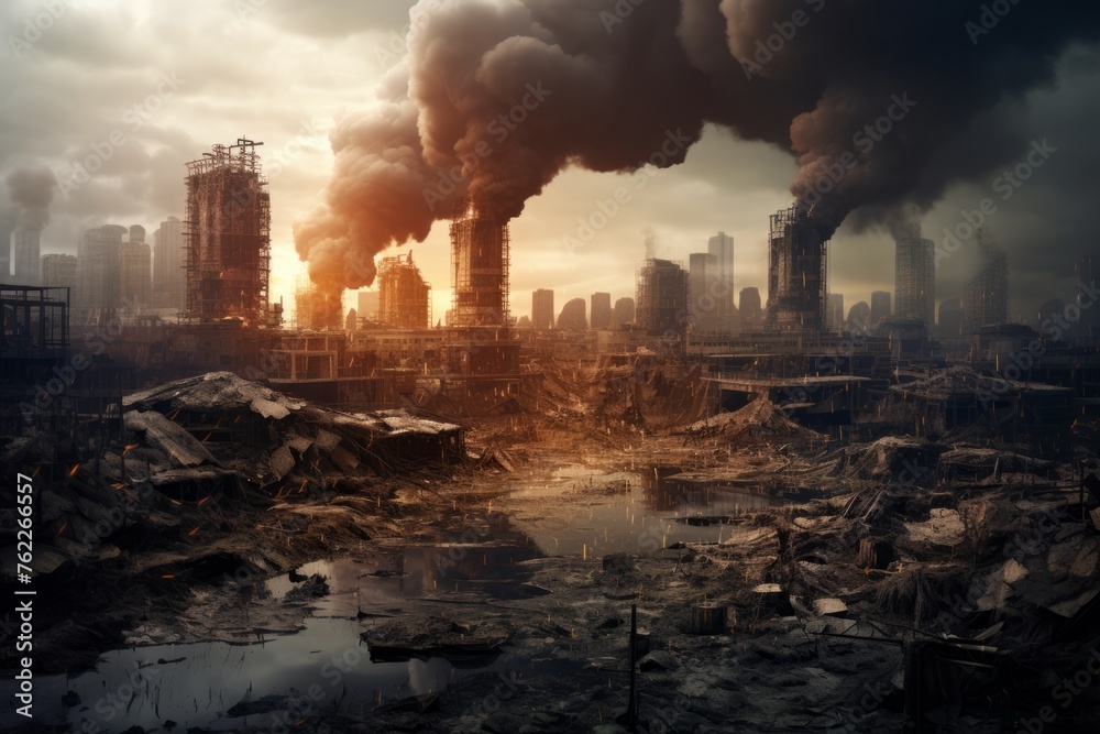 View at dark post-apocalyptic city showing destroyed buildings, water, cloud of dust and fires
