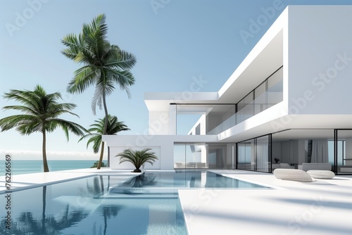 A modern white house with a swimming pool and palm trees in front of it, creating a luxurious and relaxing atmosphere for leisure and enjoyment
