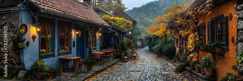 Typical European roadside cafe ,
Rustic cottage in ancient rural scene surrounded by nature photo