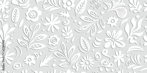 Hand drawn plant elements, light gray background, flowers and leaves, seamless pattern, vector design
