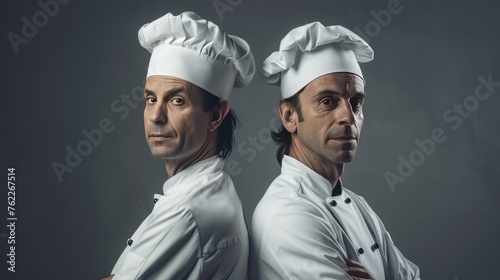 Simone Inzaghi and Massimiliano Allegri, standing back to back, dressed like chefs, photorealistic, photo style  photo