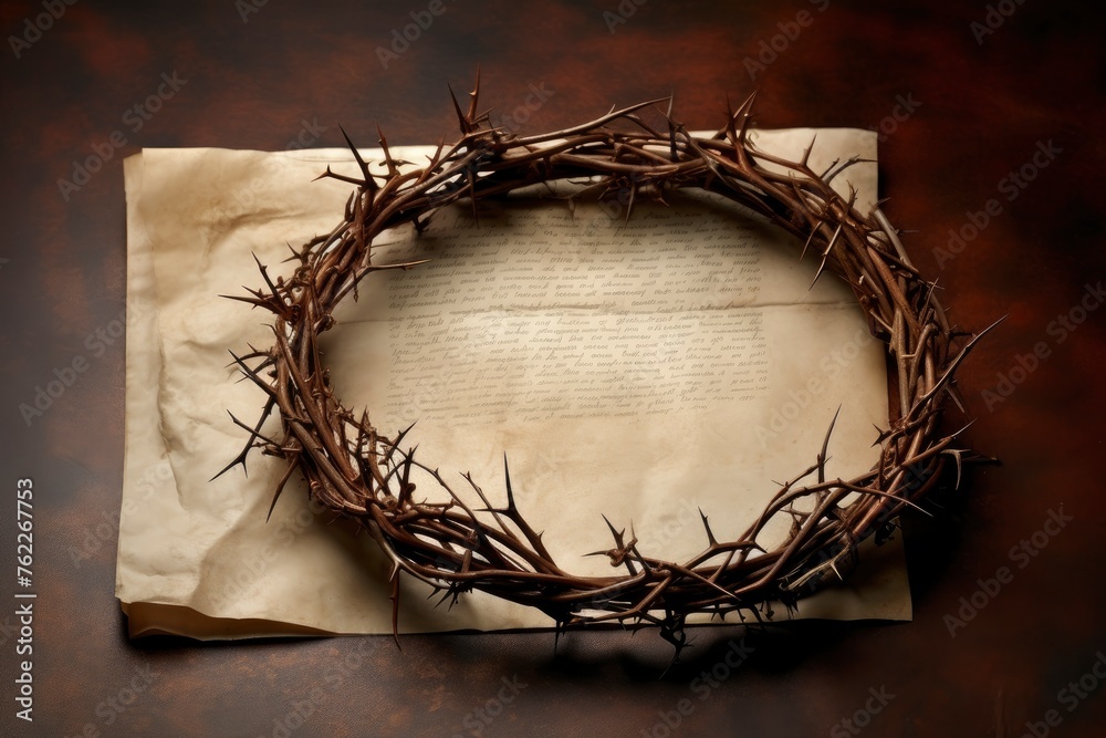This Crown of Thorns against parchment paper represents Jesus's Crucifixion on the Cross, dying ...