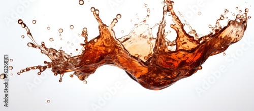A detailed shot of a cola splash on a plain white surface, highlighting the sugary ingredient commonly found in fast food and beverages