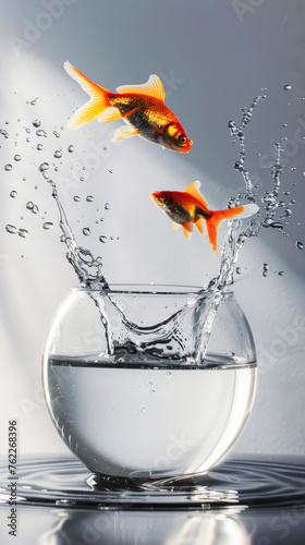Goldfish jumps out of round aquarium  white background with sun rays. Getting out of the comfort zone. Generative AI
