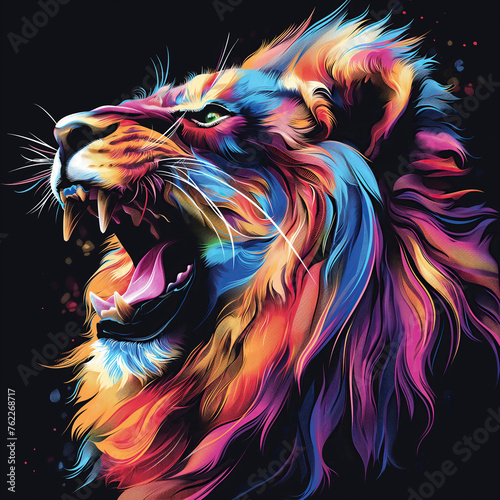 multicolored profile of face of roaring lion on a black background. Pop art style