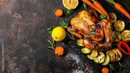 lemon chicken strips with rosemary and assorted vegetables, set against an urban backdrop, allowing plenty of room for accompanying text.