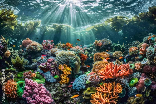 Underwater vibrant coral reef garden teeming with life - Colorful corals of all shapes and sizes create a mesmerizing landscape with swaying sea anemones created with Generative AI Technology
