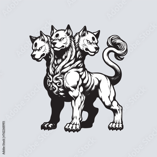3 headed hell dog cerberus drawing art black and white vector illustration