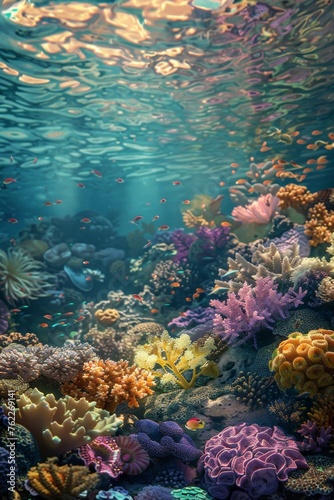 Underwater vibrant coral reef garden teeming with life - Colorful corals of all shapes and sizes create a mesmerizing landscape with swaying sea anemones created with Generative AI Technology