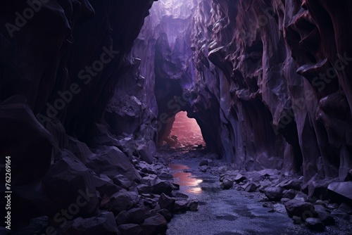 Winding Purple cave rock curve. Cavern interior. Generate Ai