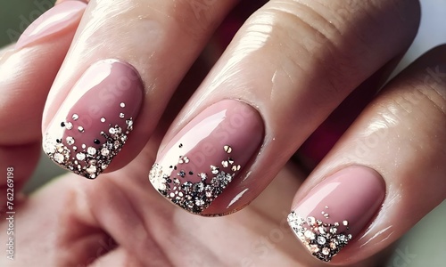 Female hands with pink nail design. Glitter nail polish manicure.