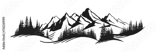 Silhouette mountain range and forest isolated on white background, vector design