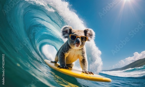 Koala surfing on big waves.Promoting beach resorts or hotels, summer vacation holidays and travel concept.Concept for t- shirt design, backpacks and bags print,notebook covers design. photo