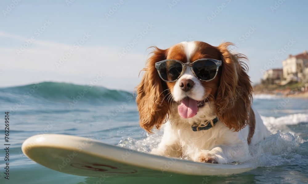 Dog King Charlies Spaniel surfing on surfboard.Promoting beach resorts or hotels, summer vacation holidays and travel concept.Concept for t- shirt design, backpacks print,notebook covers design.