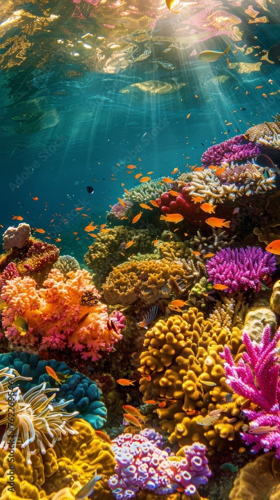 Fototapeta premium Underwater vibrant coral reef garden teeming with life - Colorful corals of all shapes and sizes create a mesmerizing landscape with swaying sea anemones created with Generative AI Technology