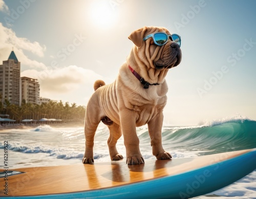 Surfing on big waves cool Shar pei puppy.Promoting beach resorts or hotels, summer vacation holidays and travel concept.Concept for t- shirt design, backpacks and bags print,notebook covers design. photo