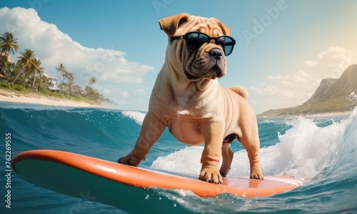 Surfing on big waves cool shar pei puppy.Promoting beach resorts or hotels  summer vacation holidays and travel concept.Concept for t- shirt design  backpacks and bags print notebook covers design.