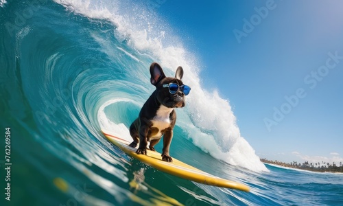 french bulldog dog surfing on big waves.Promoting beach resorts or hotels, summer vacation holidays and travel concept.Concept for t- shirt design, backpacks and bags print,notebook covers design.