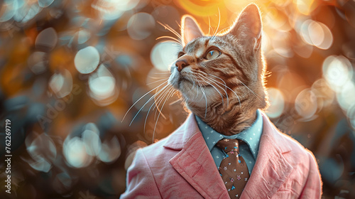 boss cat wearing business coat, tie, shirt and glasses , blur background , can be used for cards, business, banners, posters	
 photo