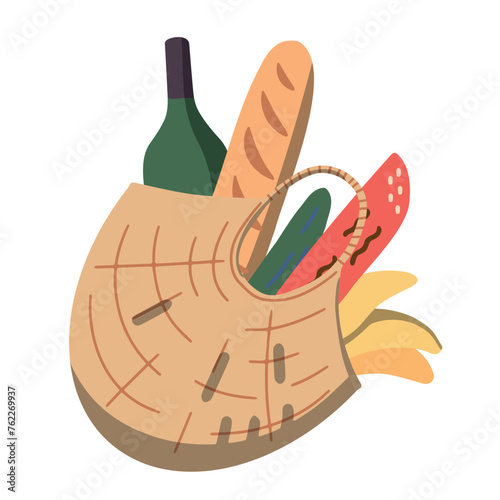 WIcker picnic basket vector illustration. Opened food hamper bag vector illustration.
