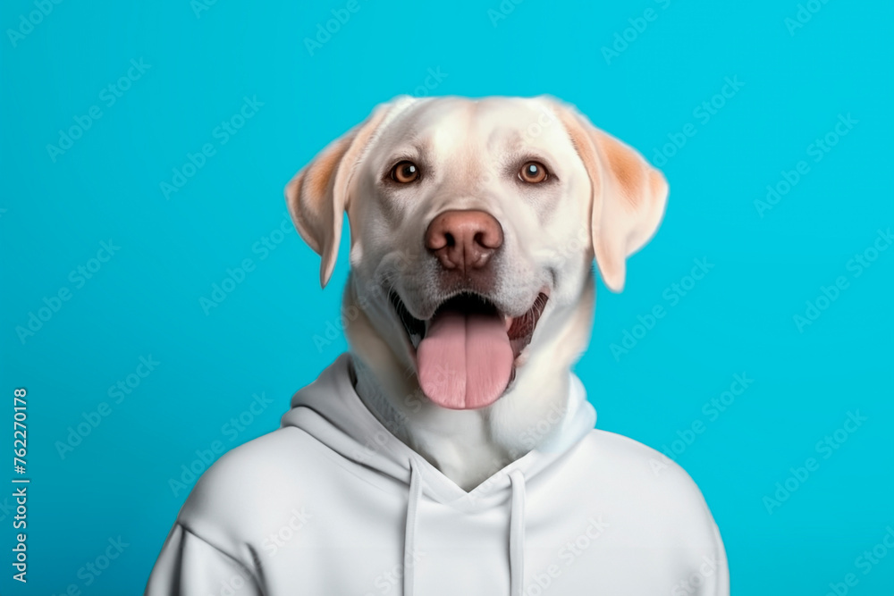 Portrait of a Labrador dog dressed in a hoodie isolated on a blue background generative AI