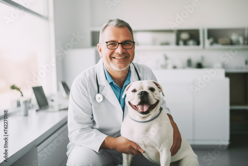 male veterinarian doctor with Labrador dog sitting in medical office. World, Veterinary Day generative AI