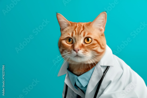 doctor cat in medical gown isolated on blue background generative AI