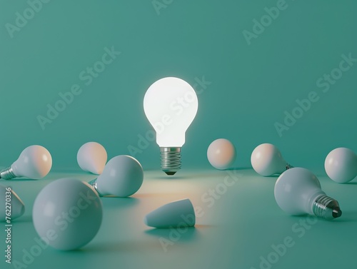 a single light bulb glowing brightly amidst a group of unlit bulbs, set against a tranquil teal backdrop