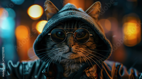 a boss gangster style cat wearing hood and glasses, cool cat 