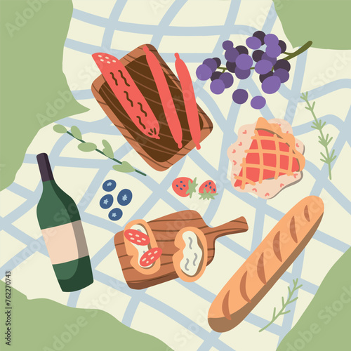 Cool graphic vector picnic concept for summer holidays with pies, hot dogs, wine, fresh bread, vegetables and fruits laid out on checkered fabric