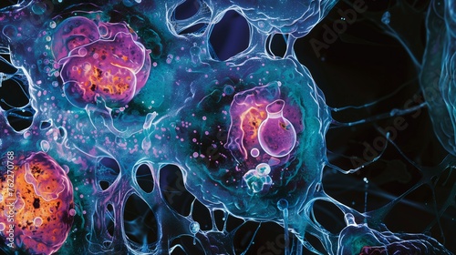 magnified beauty of cellular structures with neon glowing patterns