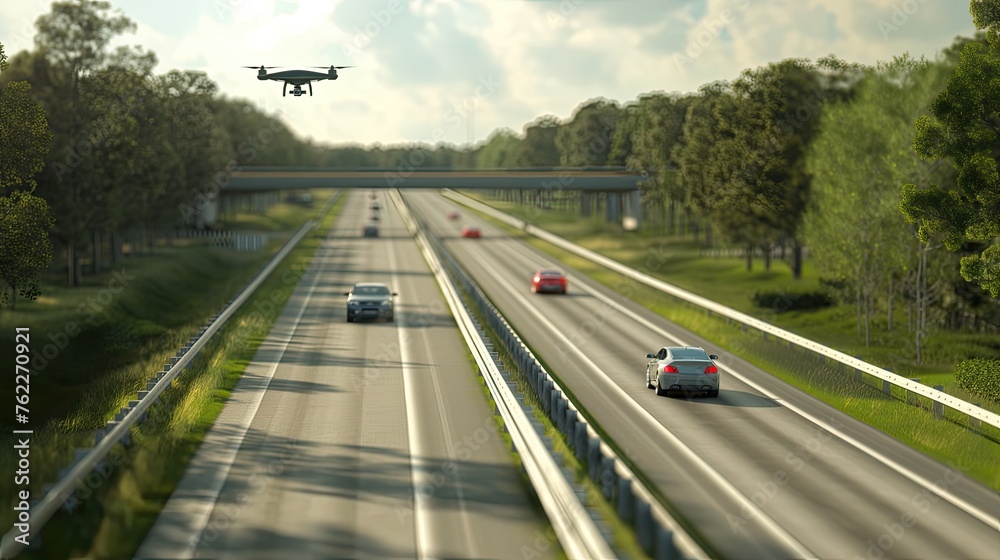 a drone performing surveillance along a highway, highlighting its discreet nature and advanced technology. a drone performing surveillance along a highway, highlighting its discreet nature and advanced technology.