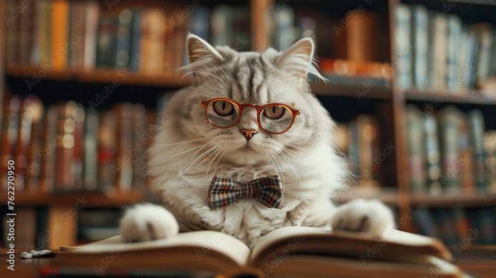 cat in the library reading book , wearing a bow tie in neck cat in the library reading book , wearing a bow tie in neck