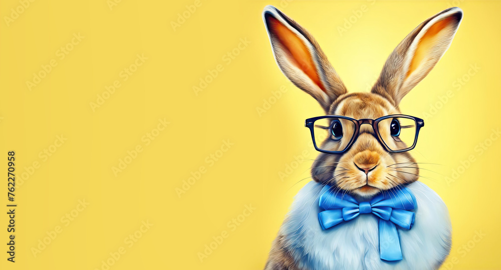 funny festive bunny in glasses. cool bunny with glasses and a bow tie on a yellow background. Easter card funny festive bunny in glasses. cool bunny with glasses and a bow tie on a yellow background. Easter card