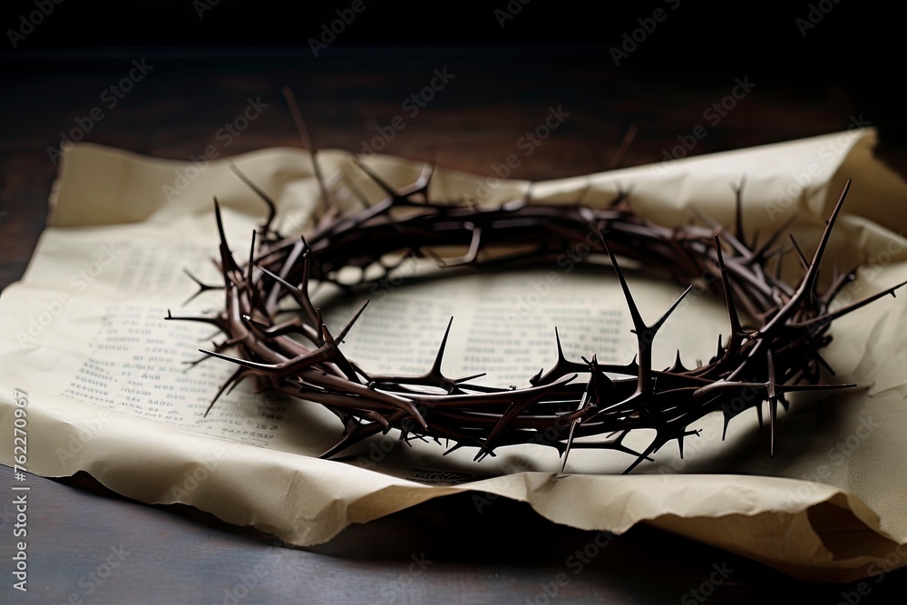 This Crown of Thorns against parchment paper represents Jesus's Crucifixion on the Cross, dying and then rising on Easter Sunday - generative ai