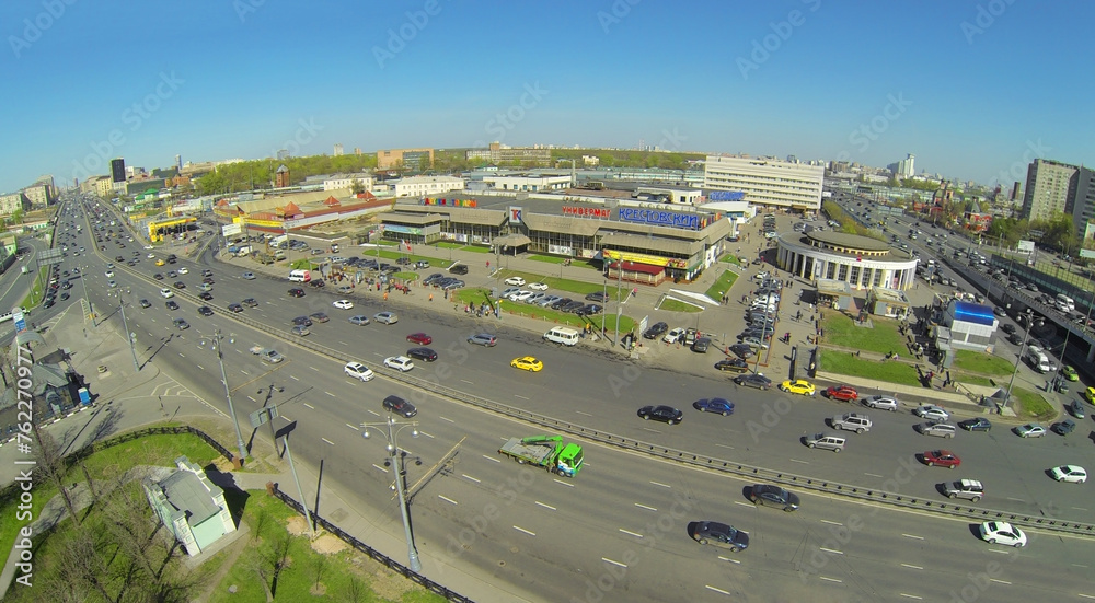 The road next to the department store Krestovskiy, aerial view. This is modern shopping complex, located near the metro Rizhskaya