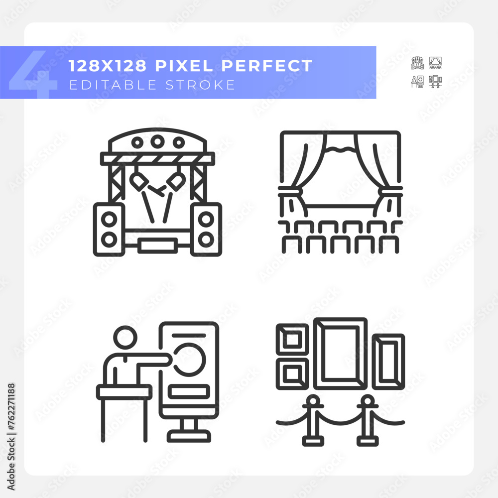 Cultural events pixel perfect linear icons set. Music festival. Theatrical performance. Trade conference. Customizable thin line symbols. Isolated vector outline illustrations. Editable stroke Cultural events pixel perfect linear icons set. Music festival. Theatrical performance. Trade conference. Customizable thin line symbols. Isolated vector outline illustrations. Editable stroke