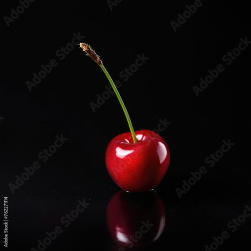 Shiny red cherries with long stems on a pure black background with copy space
