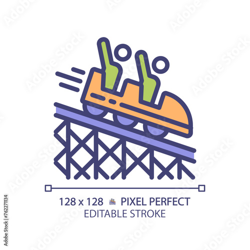 Roller coaster pixel perfect RGB color icon. Fairground park, ride amusement. Adrenaline vacation, tourism entertainment. Isolated vector illustration. Simple filled line drawing. Editable stroke
