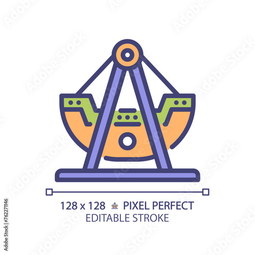 Swinging pirate ship pixel perfect RGB color icon. Swing boat amusement. Viking thematical park. Festival attraction. Isolated vector illustration. Simple filled line drawing. Editable stroke