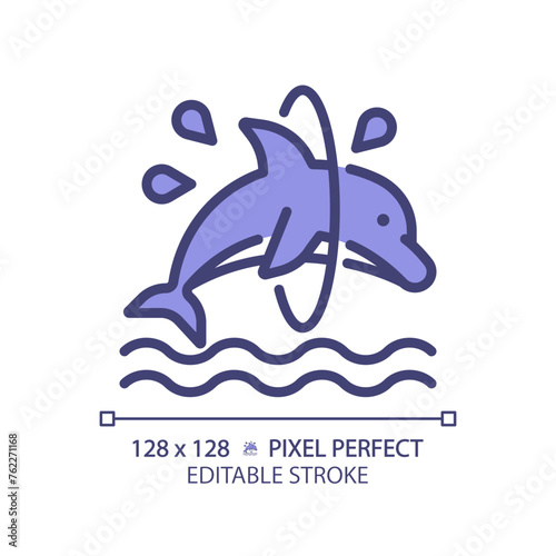 Dolphin trick pixel perfect RGB color icon. Jumping through hoop. Dolphinarium aquatic show. Acrobatic entertainment. Isolated vector illustration. Simple filled line drawing. Editable stroke