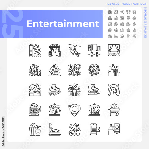 Entertainment activities pixel perfect linear icons set. Amusement park attractions. Family vacation. Customizable thin line symbols. Isolated vector outline illustrations. Editable stroke