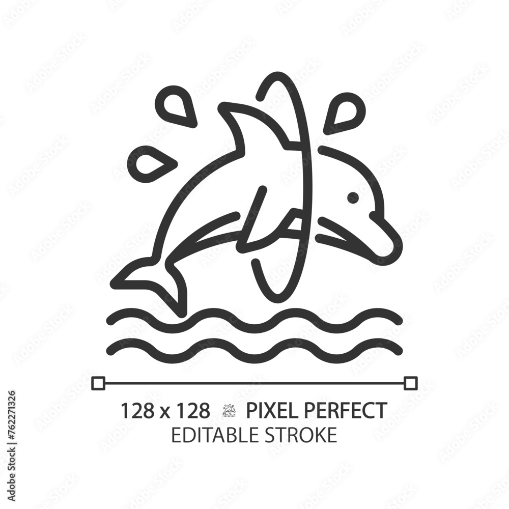 Dolphin trick pixel perfect linear icon. Jumping through hoop. Dolphinarium aquatic show. Acrobatic entertainment. Thin line illustration. Contour symbol. Vector outline drawing. Editable stroke