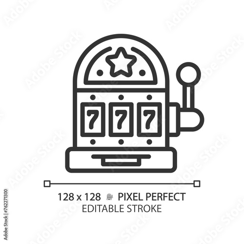 Casino slot machine pixel perfect linear icon. Gambling sport lifestyle. Poker entertainment. Lottery luck, jackpot. Thin line illustration. Contour symbol. Vector outline drawing. Editable stroke