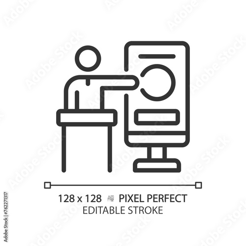 Trade conference pixel perfect linear icon. Business event, promo stand. Financial symposium, trade show. Thin line illustration. Contour symbol. Vector outline drawing. Editable stroke