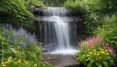 A close-up of a glistening waterfall surrounded by vibrant greenery  with delicate wildflowers peeking through the foliage  showcasing the natural beauty amplified by the fertilizer.