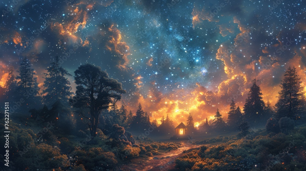 Ancient shrine within a starlit nebula forest Ancient shrine within a starlit nebula forest
